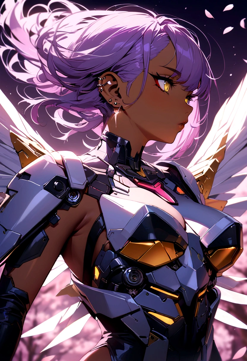 The most beautiful and sexy cyberpunk girl, purple hair, yellow eyes, dark skin, wearing highly detailed futuristic battle armor, futuristic mechanical angel wings, tons of tattoos and piercings, cherry blossoms blowing in the wind, highly detailed background, perfect masterpiece, high quality, high resolution