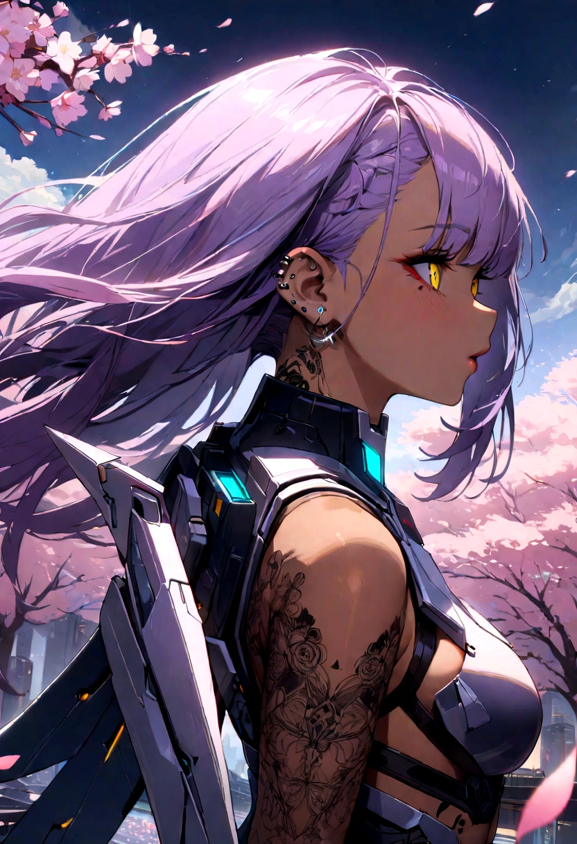 The most beautiful and sexy cyberpunk girl, purple hair, yellow eyes, dark skin, wearing highly detailed futuristic battle armor, futuristic mechanical angel wings, tons of tattoos and piercings, cherry blossoms blowing in the wind, highly detailed background, perfect masterpiece, high quality, high resolution