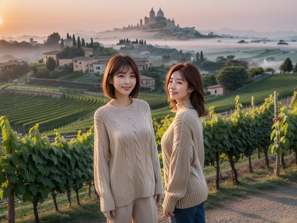 8k best picture quality, Beautiful 36-year-old Korean woman, clear and nice weather. Chest size 34 inches, Dense fog at dawn in the Italian countryside, past the vineyard, The cathedral is visible in the fog in the distance., The back background is realistic and vivid image quality, 바람에 날리는 짧은 머리와 medium hair, Wearing high-end luxury knitwear. casual pants, Smile. the background is clear, Short and slim Korean woman, stand far away, Photo taken with a wide-angle lens, The red sun rises, medium hair