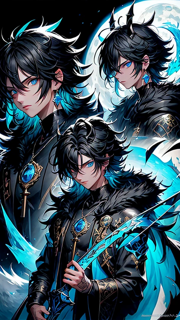 (masterpiece:1.2、highest quality), (Exquisite eyes: 1.2), (Detailed Background、Dark fantasy), (beauty detailed face), High Contrast, (Best lighting、Very delicate and beauty), ((Cinema Lighting) )), colorful, Hyper Detail, Dramatic Light, Intricate details, (1 , scruffy black hair, bangs, Blue eyes, moon, dark night, long earrings, black hoodie, blue demon horns, blue great sword at the back, looking at viewer, upper body), Black light swirling around the character, Depth of written boundary, black light particles, Nightcore, Spectacular anime style, zerochan art, Anime Wallpaper, Burning, High quality anime art style, Key Anime Art