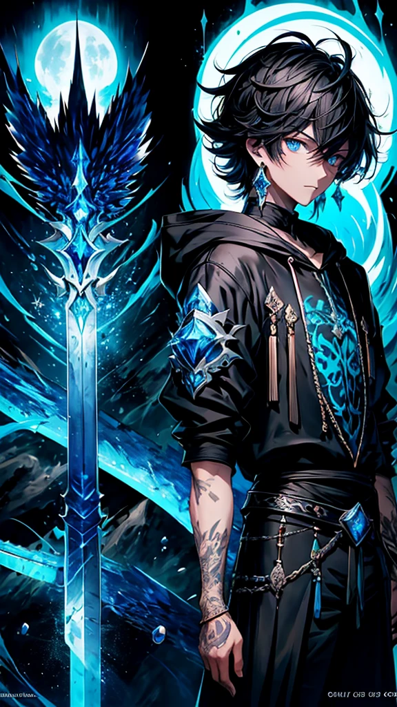 (masterpiece:1.2、highest quality), (Exquisite eyes: 1.2), (Detailed Background、Dark fantasy), (beauty detailed face), High Contrast, (Best lighting、Very delicate and beauty), ((Cinema Lighting) )), colorful, Hyper Detail, Dramatic Light, Intricate details, (1 teen boy, scruffy black hair, bangs, Blue eyes, moon, dark night, long earrings, black hoodie, blue demon horns, blue great sword at the back, looking at viewer, upper body), Black light swirling around the character, Depth of written boundary, black light particles, Nightcore, Spectacular anime style, zerochan art, Anime Wallpaper, Burning, High quality anime art style, Key Anime Art