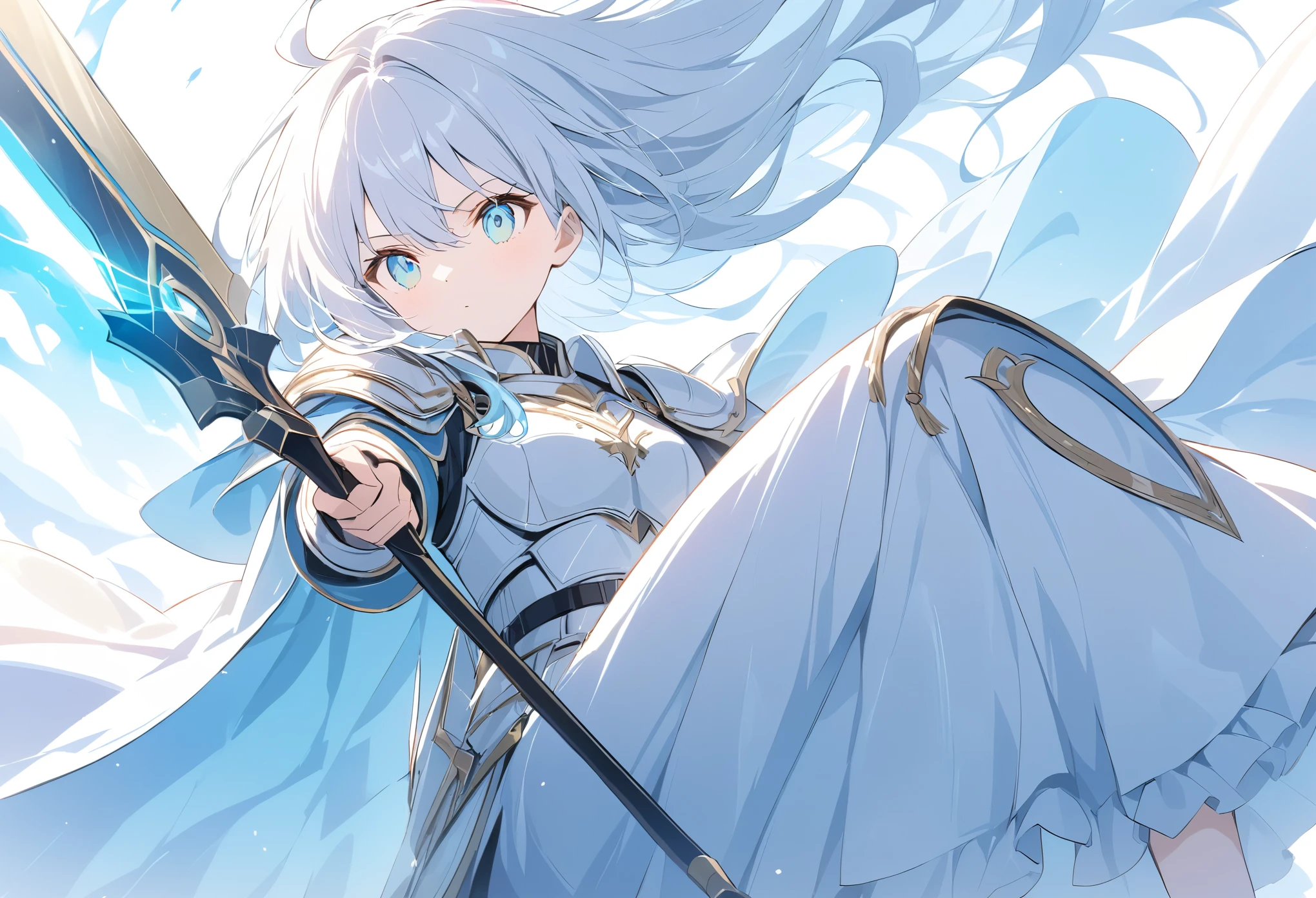 (anime style:1.4),超High resolution, Attention to detail, high quality, High resolution, 最high quality, 4K, 8K,posters、artwork、female knight、White armor with blue lines、bionde、Aquamarine Eyes、Swing the one-handed sword in your right hand back、Deathblow、Charge one-handed sword、A pale blue aura surrounds the body.,((Magical effect))