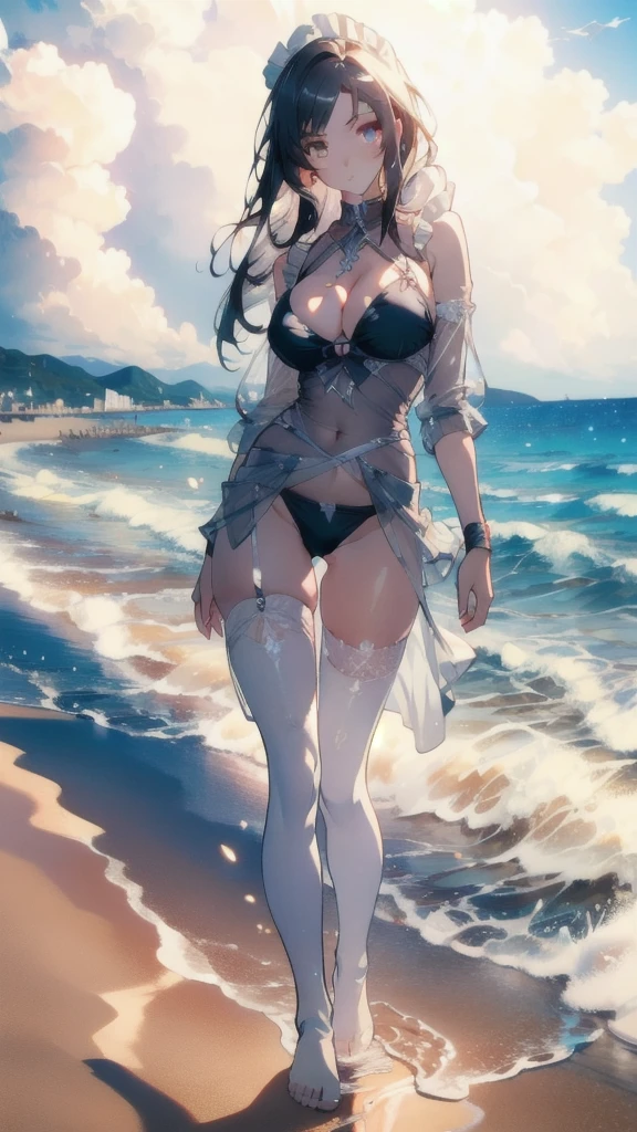 ((masterpiece, best quality)), Epic battlefield atmosphere，Delicate face，Maid，Loli，Wheat skin，seaside，Beach，whole body，Standing picture，glowing eyes，Large Breasts，Perfect body proportions，Pure white background，firefly，Transparent sex bikini