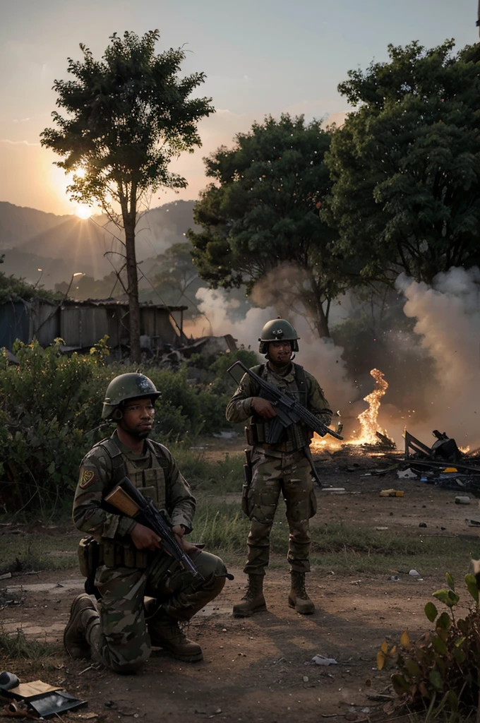 Create an 8k hyper-realistic,  image depicting a fierce battlefield scene between the RCD rebel group and the Congolese army in the eastern Congo. This image should capture the intensity and chaos of the conflict, with detailed representations of both sides in the midst of combat.

Scene Description:

Setting: The battlefield is set in the rugged terrain of the eastern Congo, characterized by dense forests and rolling hills. The environment shows signs of heavy fighting, with smoke rising from explosions, scorched earth, and makeshift barricades.
Time of Day: Use a late afternoon or early evening light, with the setting sun casting long shadows and creating dramatic lighting that emphasizes the intensity of the battle.
Main Characters:

RCD Rebel Fighters: Depict the RCD rebels as a mix of well-armed, disciplined soldiers and young, determined fighters. They should be shown advancing, engaging in combat, and using the natural terrain for cover. Their uniforms can be a mix of military fatigues and improvised gear, symbolizing their resourcefulness and tenacity.
Congolese Army Soldiers: The Congolese army soldiers should be portrayed as a resilient and organized force, defending their positions with determination. Their uniforms and equipment should reflect the standard military issue, and they should be depicted using defensive tactics, countering the rebel assault.
Additional Elements:

Battlefield Chaos: Include elements that convey the chaos and destruction of the battlefield, such as burning vehicles, crumbling structures, and scattered debris. Show explosions, gunfire, and plumes of smoke to highlight the intensity of the conflict.
Civilian Impact: In the background, hint at the impact on civilians with distant silhouettes of fleeing people or makeshift shelters, reflecting the broader humanitarian crisis caused by the war.
Details to Emphasize:

Intensity and Ferocity: Focus on the intensity and ferocity of the combat, with detailed representations of