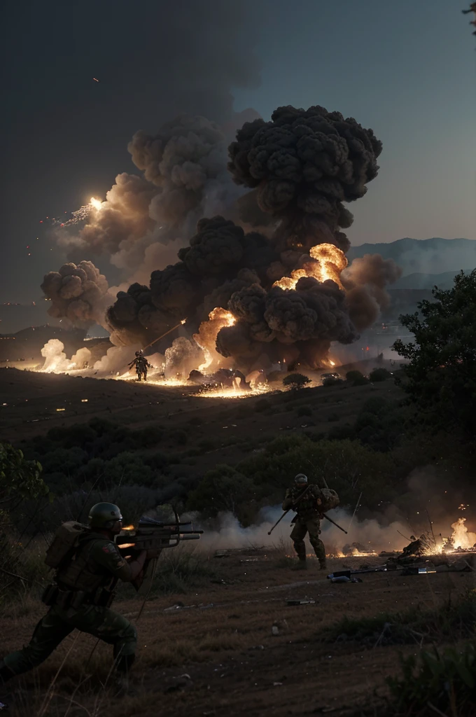 Create an 8k hyper-realistic, image depicting a fierce battlefield scene between the RCD rebel group and the Congolese army in the eastern Congo. This image should capture the intensity and chaos of the conflict, with detailed representations of both sides in the midst of combat.
Scene Description:
Setting: The battlefield is set in the rugged terrain of the eastern Congo, characterized by dense forests and rolling hills. The environment shows signs of heavy fighting, with smoke rising from explosions, scorched earth, and makeshift barricades.
Time of Day: Use a late afternoon or early evening light, with the setting sun casting long shadows and creating dramatic lighting that emphasizes the intensity of the battle.
Main Characters:
RCD Rebel Fighters: Depict the RCD rebels as a mix of well-armed, disciplined soldiers and young, determined fighters. They should be shown advancing, engaging in combat, and using the natural terrain for cover. Their uniforms can be a mix of military fatigues and improvised gear, symbolizing their resourcefulness and tenacity.
Congolese Army Soldiers: The Congolese army soldiers should be portrayed as a resilient and organized force, defending their positions with determination. Their uniforms and equipment should reflect the standard military issue, and they should be depicted using defensive tactics, countering the rebel assault.
Additional Elements:
Battlefield Chaos: Include elements that convey the chaos and destruction of the battlefield, such as burning vehicles, crumbling structures, and scattered debris. Show explosions, gunfire, and plumes of smoke to highlight the intensity of the conflict.
Civilian Impact: In the background, hint at the impact on civilians with distant silhouettes of fleeing people or makeshift shelters, reflecting the broader humanitarian crisis caused by the war.
Details to Emphasize:
Intensity and Ferocity: Focus on the intensity and ferocity of the combat, with detailed representations of