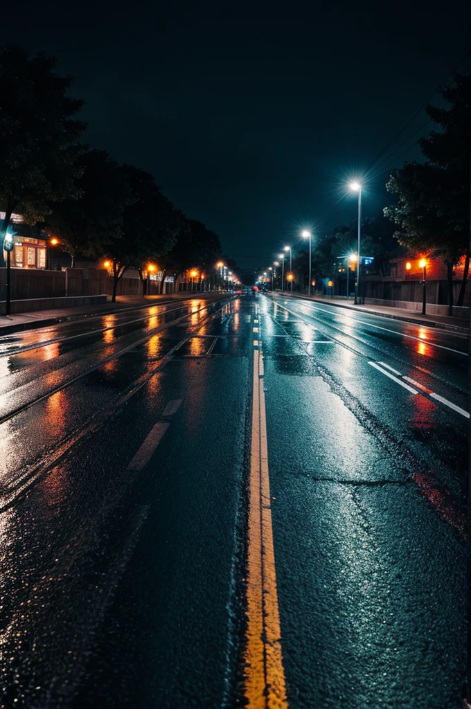 Beautiful alone road with light rain in City at night