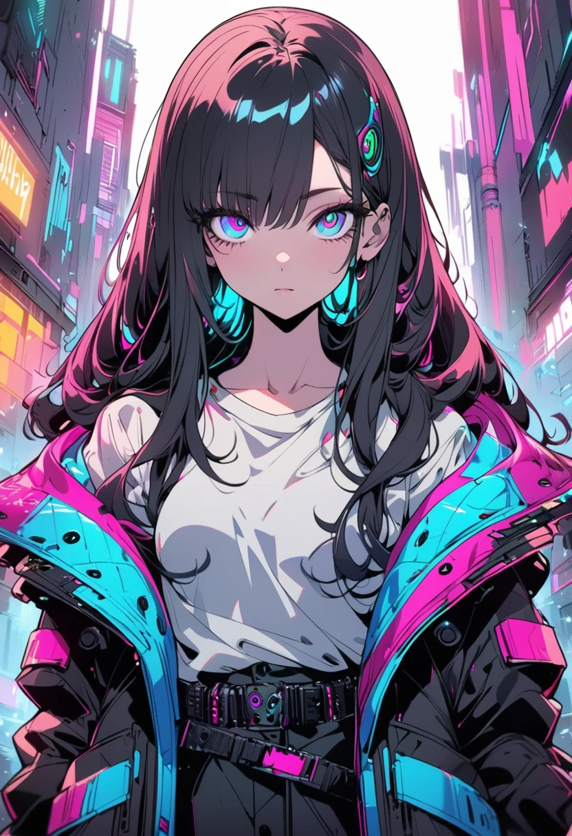 (best quality, ultra-detailed:1.2), cyberpunk, black hair, long hair, business shirt, belt, hooded coat, perfectly detailed clothing, perfect illustration, subtle anime-style, sketched, highly modern anime style, anime shading, semi-realistic anime style, anime-style character, anime-inspired drawing, neon color, detailed eyes, deep detailed eyes, ultra detailed, 8k, masterpiece