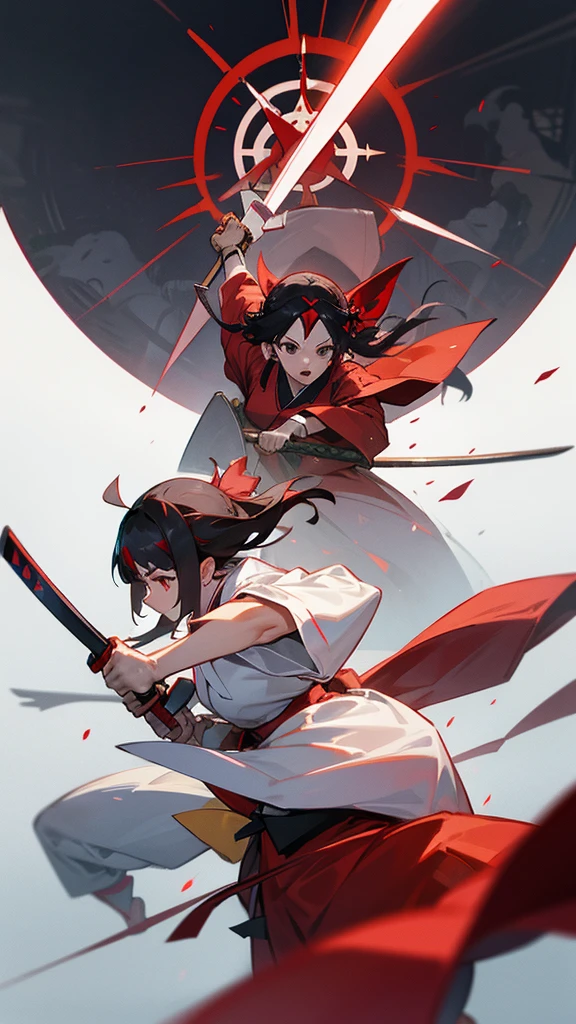 Shrine maiden vs ninja vs monster Japanese shrine battle broom kunai sword shuriken