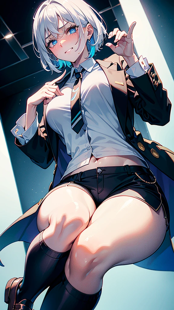 (Messy light)、(The best shadows)、Attractive, colorful eyes that shine beautifully, 1 lady, solo masterpiece, Highest quality, ultra detailed, CG unity 8k wallpaper, Cinema Lighting, Lens flare, ultra detailed eyes,silver hair, very short hair, evil smile, evil grin, (sharp eye:1.2),(scowl:1.1), (stare at viewer:1.5), (embarrassed,blush:1.3), (ecstasy:1.3) ,(slut:1.2),(vulgarity:1.3),(fucked silly:1.1),(steam:1.1),(wet:0.8),(drooling:0.6),(sweat:0.8), white collared shirt, cotton pants, black pants, black loafers, from below, full body, put index finger on mouth, light blue eyes, sparkling eyes, thick lips, beautiful lady, cityscape, summer, sunny, backlighting, slender body, too loose shirts, too loose pants,