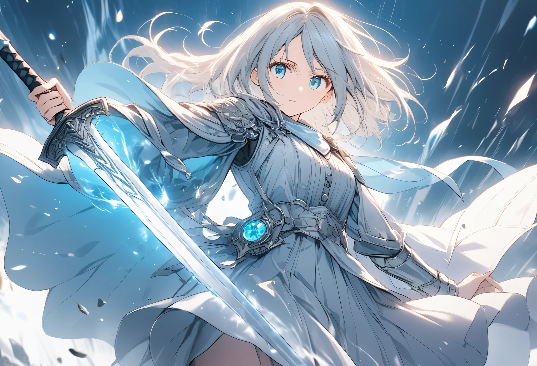 (anime style:1.4),超High resolution, Attention to detail, high quality, High resolution, 最high quality, 4K, 8K,posters、artwork、female knight、White armor with blue lines、bionde、Aquamarine Eyes、Swing the one-handed sword in your right hand back、Deathblow、Charge one-handed sword、A pale blue aura surrounds the body.,((Magical effect))