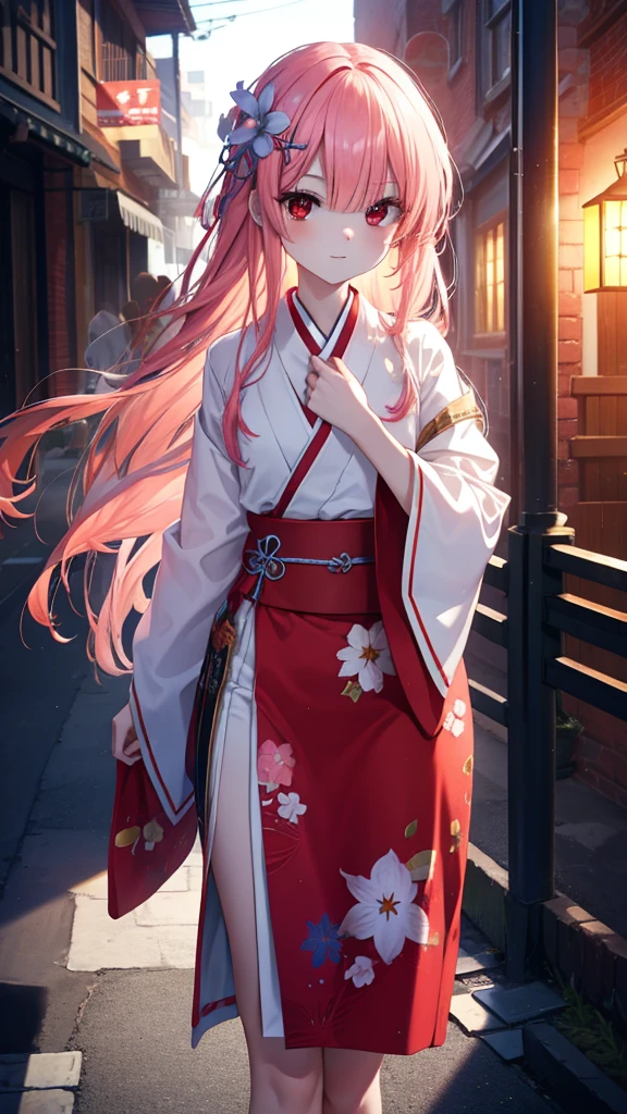 rezerorum, rum, Hair Flowers, hair ornaments, Hair above one eye, Pink Hair, (Red eyes:1.5), smile,blush,Long Hair, x hair ornaments, Tie your hair back,bangs, blunt bangs, (Flat Chest:1.2),Pink gorgeous Japanese kimono,,Sandals,evening,sunset, break outdoors, city,Building Street, break looking at viewer, (Cowboy Shot:1.5), break (masterpiece:1.2), Highest quality, High resolution, unity 8k wallpaper, (shape:0.8), (Fine and beautiful eyes:1.6), Highly detailed face, Perfect lighting, Highly detailed CG, (Perfect hands, Perfect Anatomy),