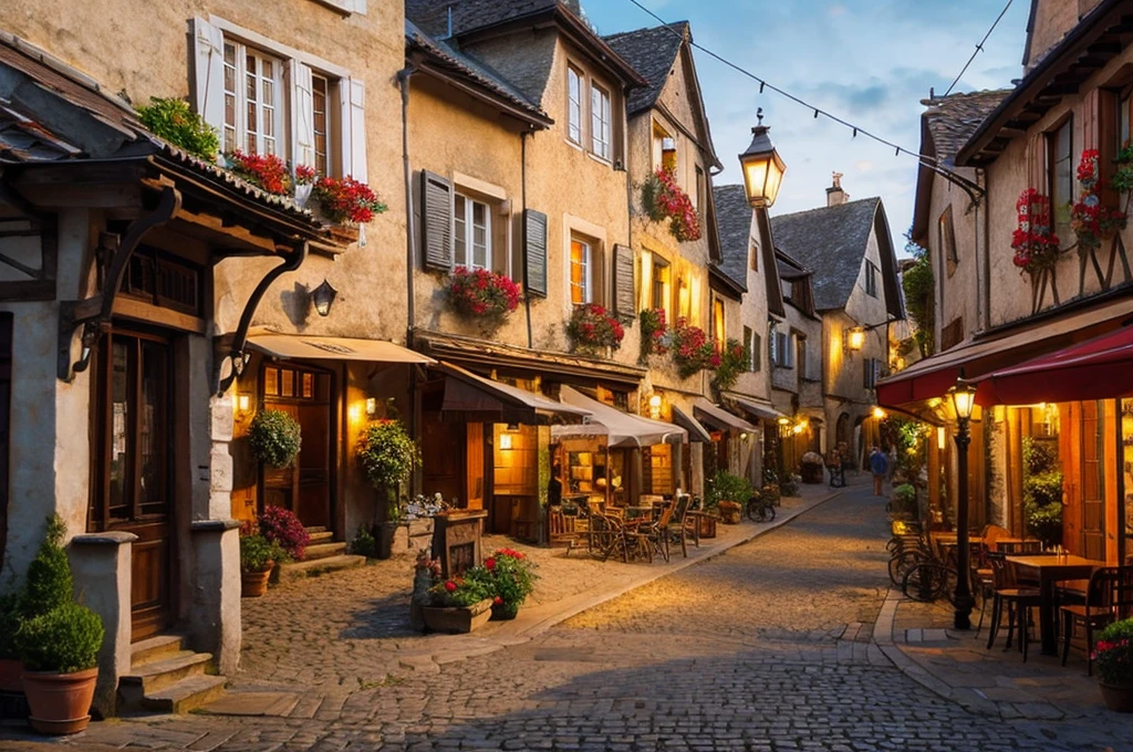 Close-up of a street with buildings and lamps, French village exterior, photorealistic streetscape, Inside a French village, Quaint village, Outdoor European cityscape, By Marek Okon, inspired Evgeny Rushpin, As detailed, Evgeny Rushpin, Inspired by Carl Spitzweg, Photorealism of buildings, beautiful photo