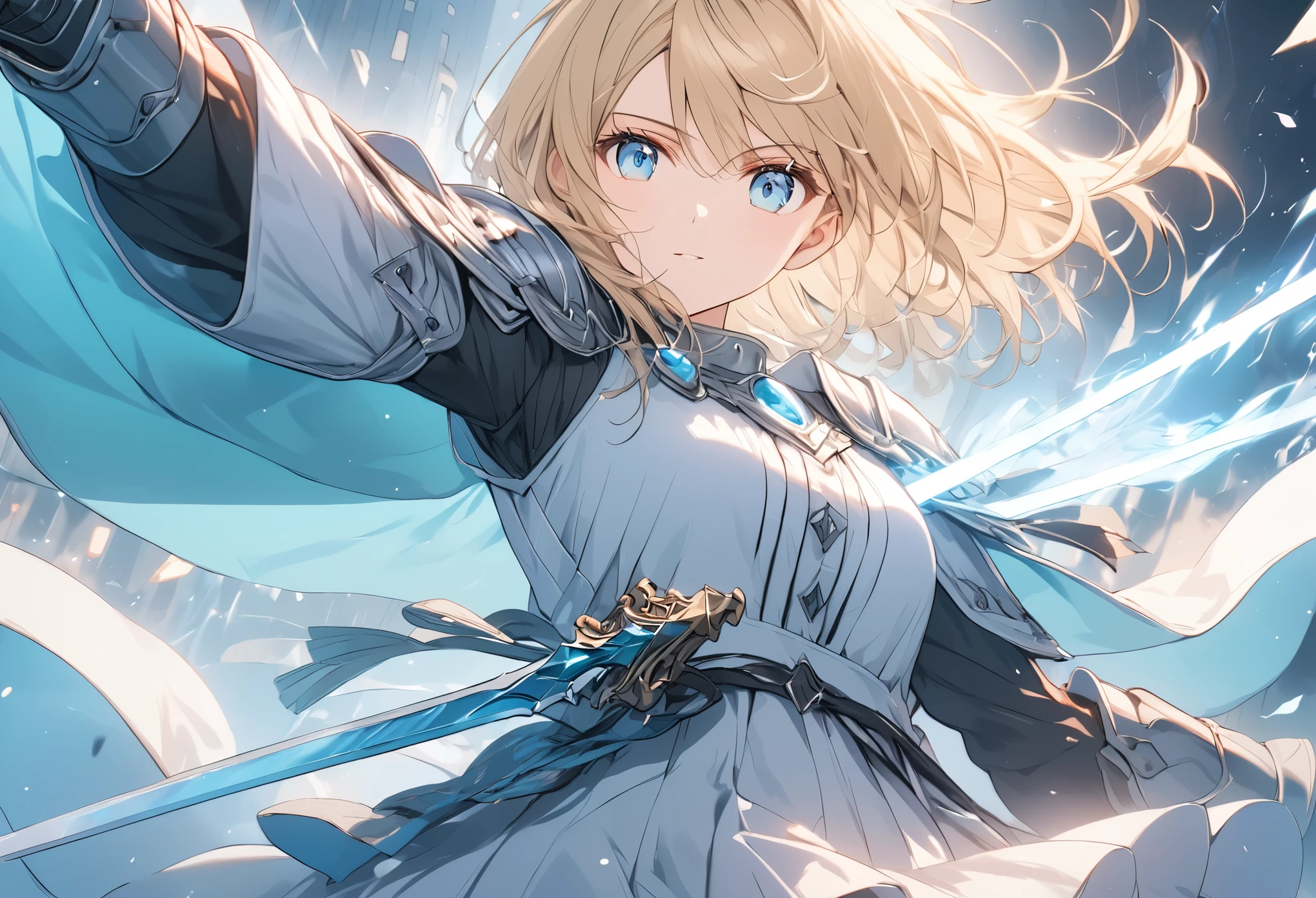 ((Detailed facial depiction)),(anime style:1.4),超High resolution, Attention to detail, high quality, High resolution, 最high quality, 4K, 8K,posters、artwork、female knight、White armor with blue lines、((blondes))、Aquamarine Eyes、Swing the one-handed sword in your right hand back、Deathblow、Charge one-handed sword、A pale blue aura surrounds the body.,((Magical effect))