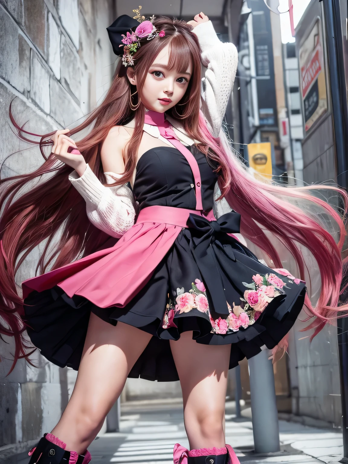 (masterpiece, Highest quality:1.2), One girl, alone,Are standing_Split,
Yuki mandarin orange, Long Hair,black sleeveless short vest,Pink Skirt,black
