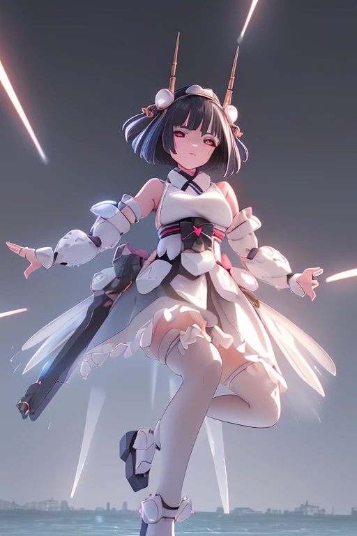 (highest quality)), ((masterpiece)), (Very detailed: 1.3), 3D, {(Young girl)}, Wearing a white frilly Gothic Lolita outfit, (She is fused with a Gundam mecha from the future....), With headgear, With V-fin , Armored Shoulders,Armament, Armor at the feet, Multi-layer texture perfect ratio, Octane Rendering, Duotone Lighting, Low ISO, wide aperture, White balance, Three-part method, Ultra HD 16k, High resolution (High Dynamic Range), Ray Tracing, NVIDIA, Super Resolution, Scattered beneath the surface of the water, PBR Texturing, Post-processing, Anisotropic Filtering, Written boundary depth, Maximum clarity and sharpness, Highly efficient subpixels, Subpixel Convolution, Particles of light, Scattered Light, Tyndall effect, whole body:1.5, Combat pose, cute, (cute:1.2), (Bobcut:1.3),Braiding, Black Hair, Thick eyebrows, Pale-colored iris, big, Bright black eyes, Long eyelashes, small, Bright colors, Natural lips, (The average face of a Japanese idol), (日本人特有のBaby Face:1.3), (Baby Face), Wide forehead:1.2, Plump Cheeks, small jaw, Visible side boob, (Has a huge weapon:1.5), fly in the sky、((((Flying high in the sky)))),View your audience,Focus on the eyes , (Four perfect fingers, One thumb),