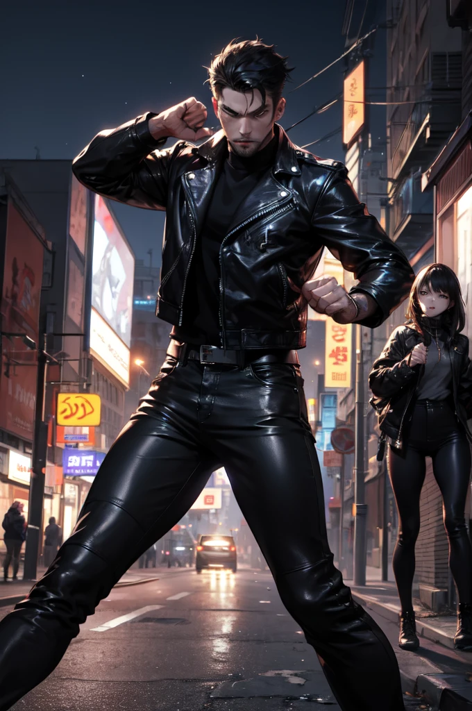 City backstreet at night、Knock out a giant man、Fighting Women、Expressionless、Wearing a black leather jacket and black leather pants、Dynamic pose