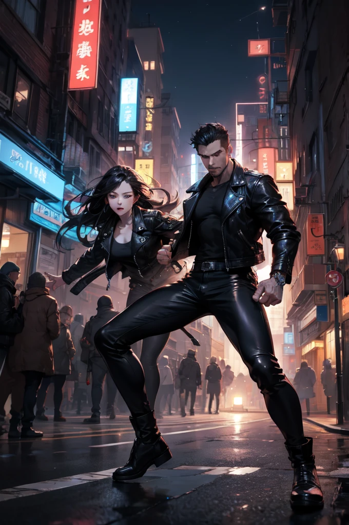 City backstreet at night、Knock out a giant man、Fighting Women、Expressionless、Wearing a black leather jacket and black leather pants、Dynamic pose