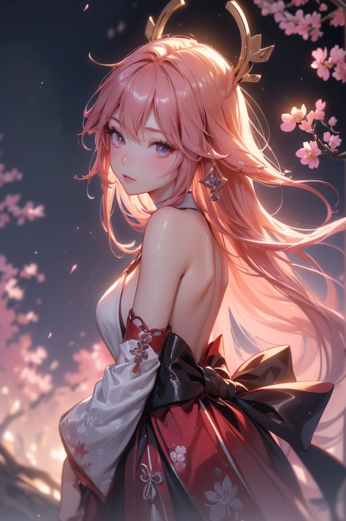 ((yaemikodef)):1.5, ((masterpiece,Highest quality,Highly detailed images,Beautiful images、Dutch Angle)), (In front of the cherry tree、Close-up image of yaemiko、Overall dim lighting、Backlight、Strong backlighting、Fantastic dark atmosphere、Thick Fog、Dust flutters),(Dynamic pose)1.2, sideboob、((from front))