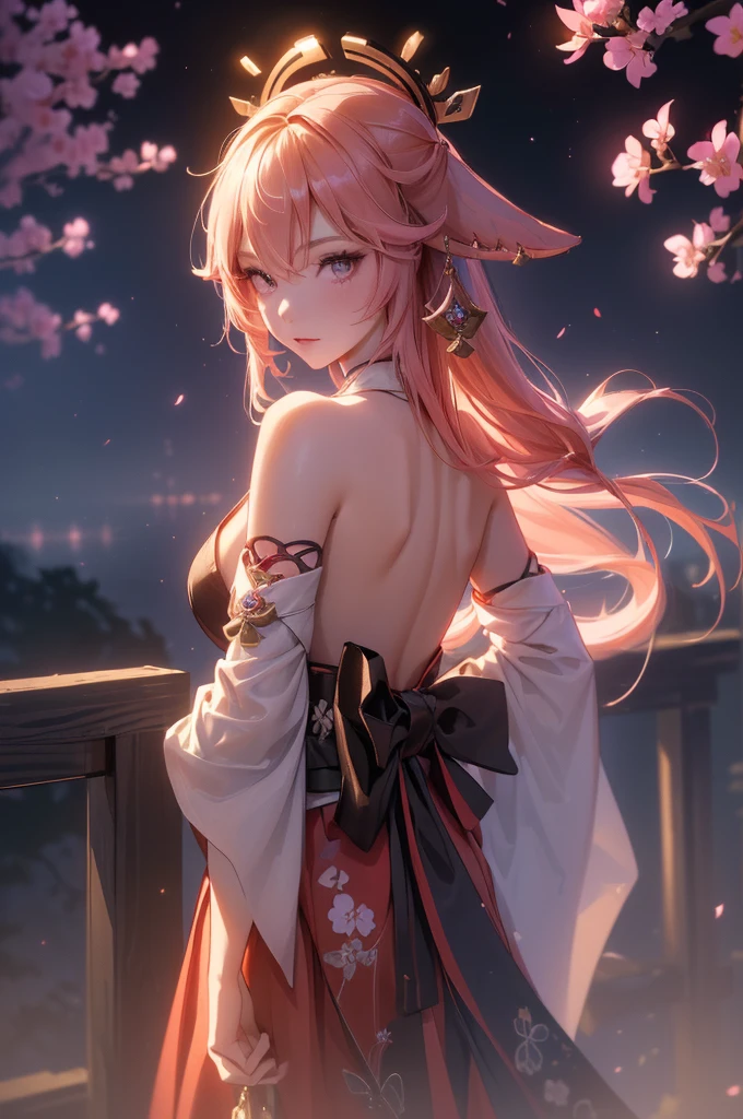 ((yaemikodef)):1.5, ((masterpiece,Highest quality,Highly detailed images,Beautiful images、Dutch Angle)), (In front of the cherry tree、Close-up image of yaemiko、Overall dim lighting、Backlight、Strong backlighting、Fantastic dark atmosphere、Thick Fog、Dust flutters),(Dynamic pose)1.2, sideboob、((from front))