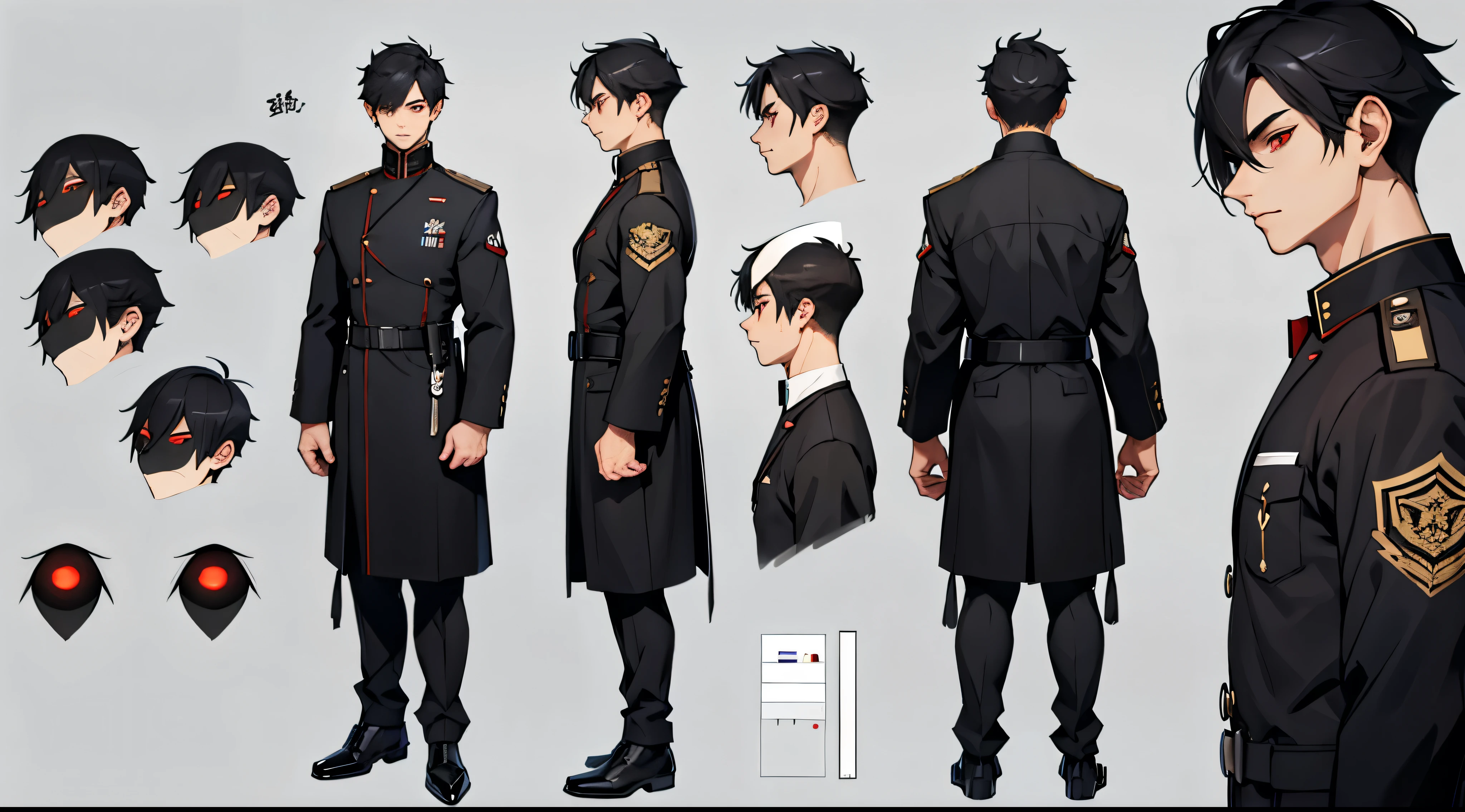 Character design sheet、boy、Smart black military uniform、Short Hair、Detailed face、Red Eyes