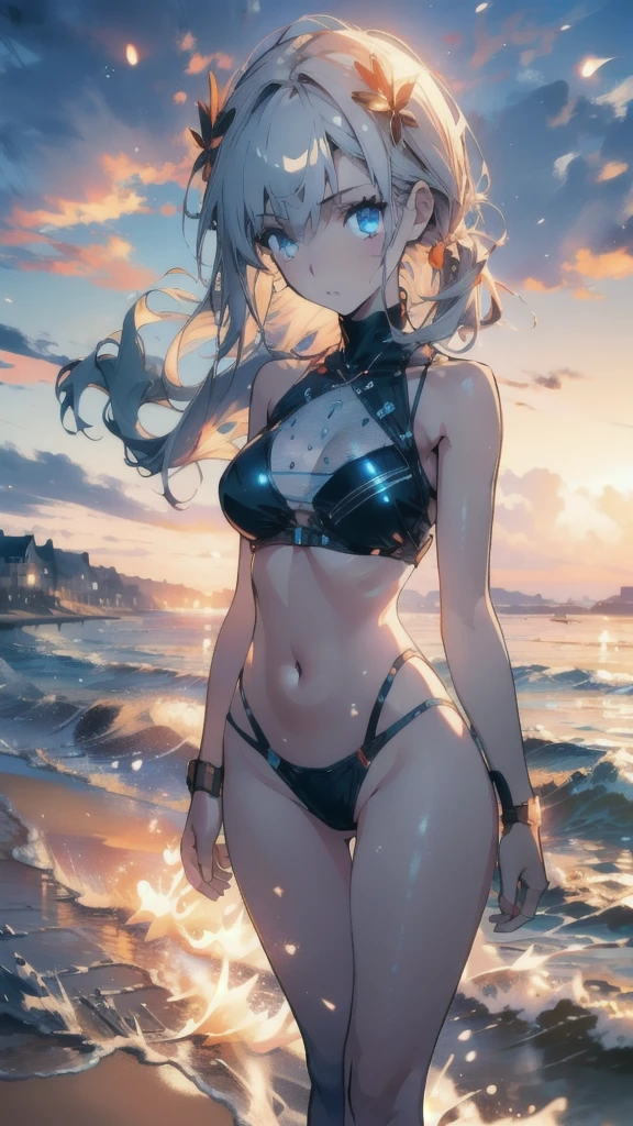 ((masterpiece, best quality)), Epic battlefield atmosphere,Delicate face,,Wheat skin,seaside,Beach,whole body,Standing picture,glowing eyes,Large Breasts,Perfect body proportions,Pure white background,firefly,Transparent sex bikini
