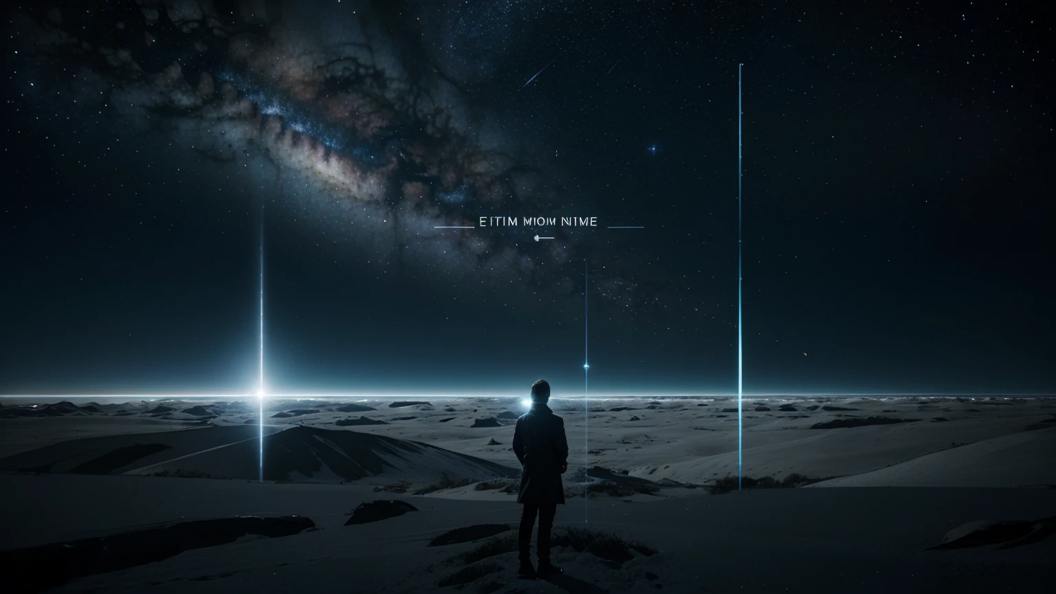 Illustrate an individual standing in a timeline, clearly marked with their birth and death. Various life events are plotted between these points. The background should hint at cosmic elements, with faint images of stars and galaxies, emphasizing the personal perception of time. Style: Clear and linear, with a touch of cosmic surrealism.