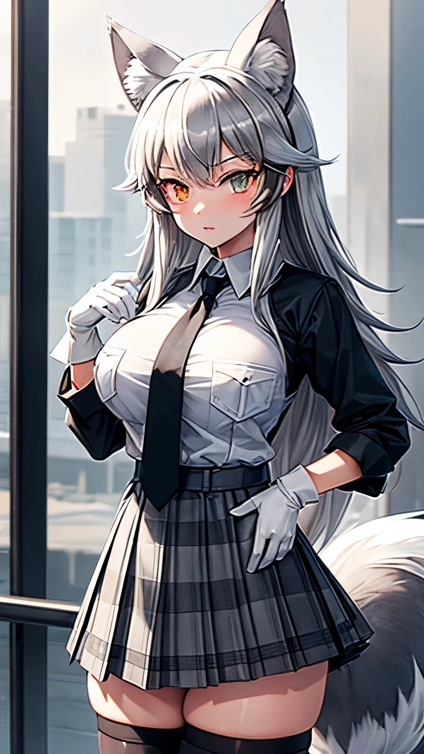 grey wolf \(kemono friends\), 2girl, two-tone hair, long hair, wolf ears, heterochromia, wolf tail, large breasts, fur collar, collared shirt, black shirt, breast pocket, plaid necktie, plaid skirt, pleated skirt, white gloves (holding breast), two-tone thighhighs, fur-trimmed boots