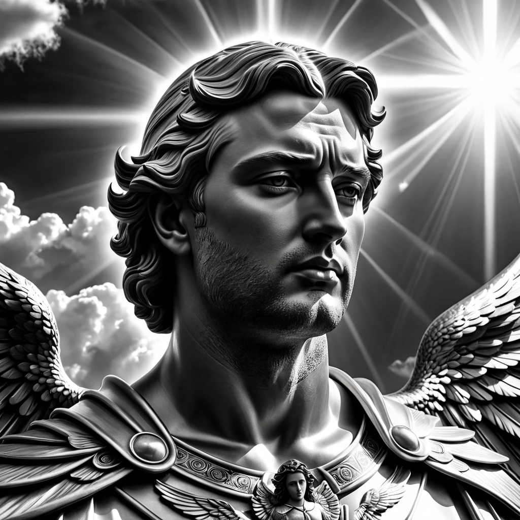 archangel, religious, surrealistic, thinking, Surrealism, Social realism, cinematic lighting, god rays, ray tracing, blending, multiple monochrome, masterpiece, high details, award winning, 8k, highres, best quality, strong man, the sky is like trembling, highly detailed face, perfect well drawn face, universal facial features