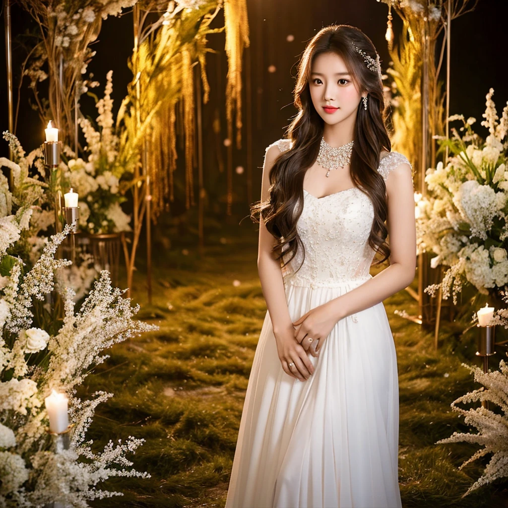 Generate an image of an extraordinarily beautiful 20-year-old Asian woman standing alone, whose beauty rivals that of a goddess of the fire element. She has large brown eyes, dark brown hair, glowing skin, and a captivating appearance. She is wearing a stunning white wedding dress that accentuates her elegance. The woman stands charmingly alone, her beauty appearing as if blessed by nature, in a very romantic and lovely aisle adorned with flowers and soft lighting, exuding a magical and serene atmosphere.