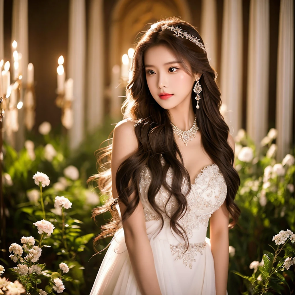 Generate an image of an extraordinarily beautiful 20-year-old Asian woman standing alone, whose beauty rivals that of a goddess of the fire element. She has large brown eyes, dark brown hair, glowing skin, and a captivating appearance. She is wearing a stunning white wedding dress that accentuates her elegance. The woman stands charmingly alone, her beauty appearing as if blessed by nature, in a very romantic and lovely aisle adorned with flowers and soft lighting, exuding a magical and serene atmosphere.