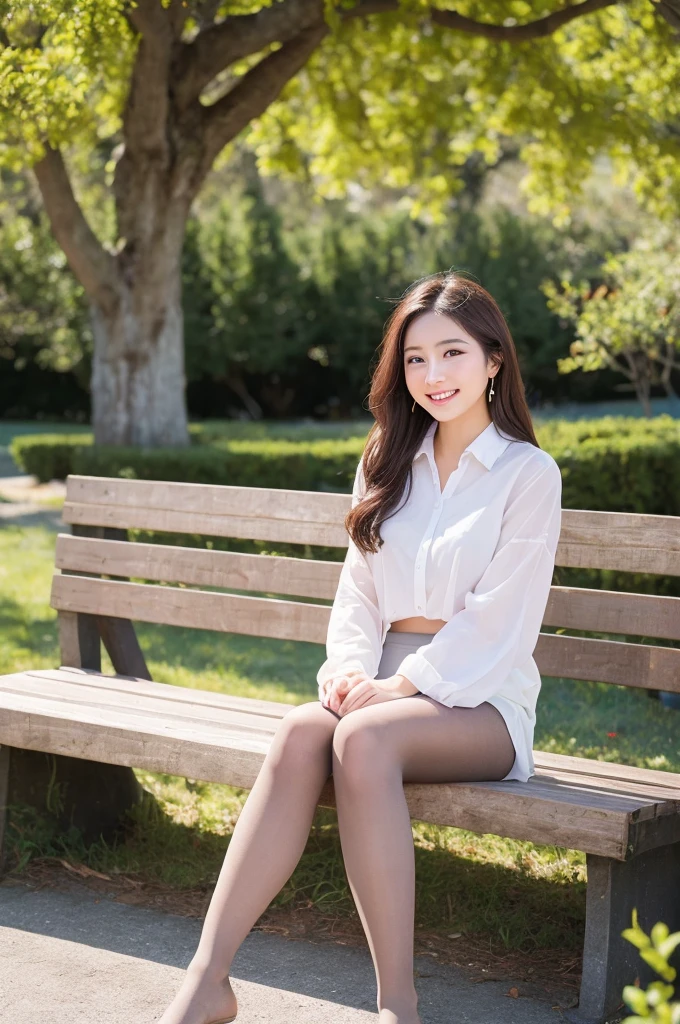 ulzzang-6500-v1.1, (Highest quality: 1.3), (masterpiece: 1.3), (Very detailed: 1.3), (Genuine:1.4), (masterpiece), １woman、sunlight、Quiet park bench、spring fashion、(Ultra-realistic pantyhose), amazingly beautiful woman、A kind smile、Romantic love sensation、sense of exaltation、enjoy、Filled with joy、Lots of fun、