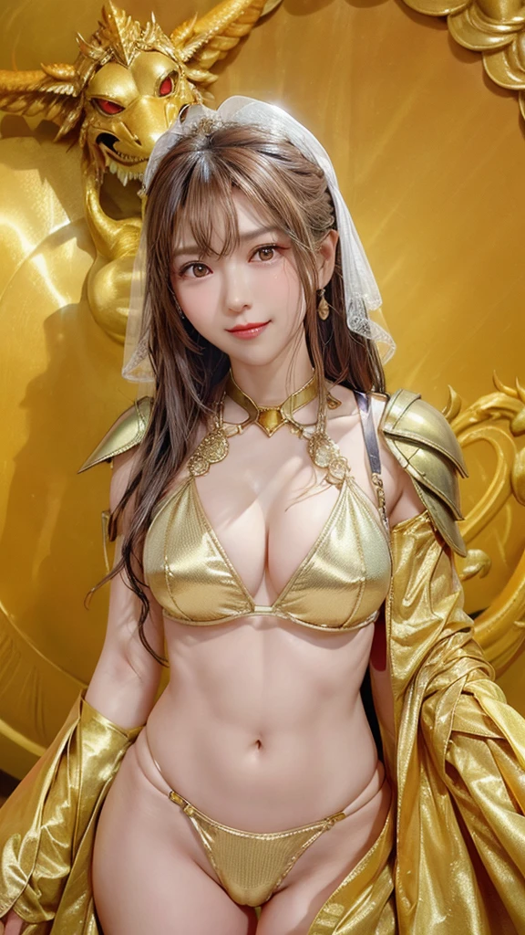 One girl,Bracelet,armor,chest,dark_skin,Helmet,jewelry,Moderate_chest,belly button,pelvis_curtain,Realistic,alone,Veil,(Bouncy round ass),(shed a big tear_chest:1.3),One piece high bikini,Gold Bra,gold jewelry,Golden Wrist,Transparent tulle,(Muscular:1.25),golden battle armor,High Tech Palace,smile,Sexual suggestion,heavy armor,Golden dragon background,