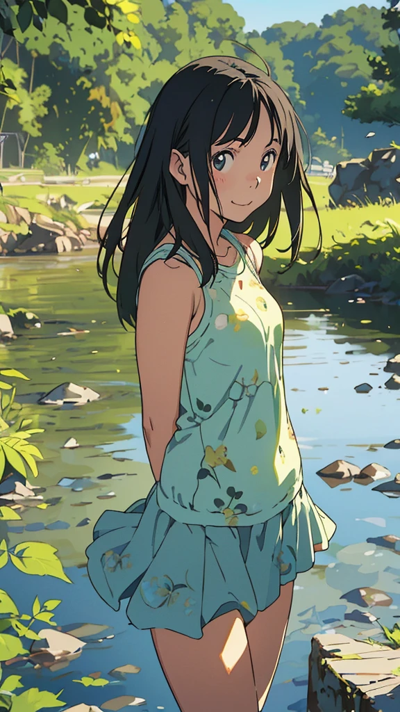 reasonable design, Clear lines, High Sharpness, (highest quality,8K,Perfect sharpness,Ultra fine,High resolution,masterpiece:1.2), Perfect Anatomy:1.5, Official Art, Illustrations that tell a story, (Whitish background:0. 9)、Body Positivity、More Mr.Physical expression、(Random and mischievous poses)、Perfect beauty、Perfect beautiful face、Strong winds、A rich expression、Dynamic composition、smile、Golden ratio composition、colorful、(Mr.Different angles and perspectives)、anime art、mini skirt、(Overcoming stereotypes)、 Glowing Skin、(Natural beauty)、smile、bangs、Straight Hair、(Soft and flowing hair)、(Rural Scenery)、(Nostalgic atmosphere)、Insert up to the thighs、(Playful and carefree)、(More Mr.Ethnic characters)、(innocent attitude)、(Sunny atmosphere)、Skirt flipped up、(Bright colors)、Belly button exposed、Beautiful Eyes、A skirt fluttering in the wind、Put it in to your feet、Some composition patterns、Tank top、ル、sensuous、Geometric pattern、