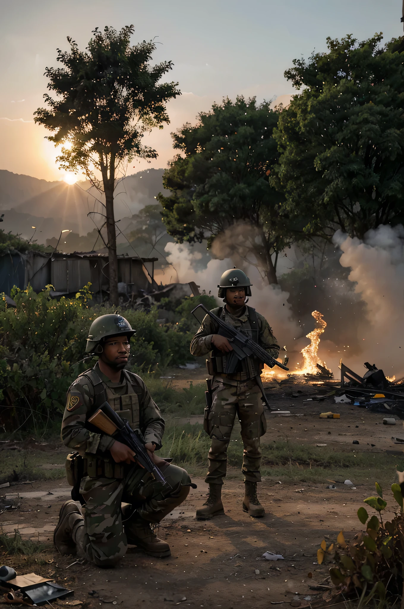 Create an 8k hyper-realistic, image depicting a fierce battlefield scene between the RCD rebel group and the Congolese army in the eastern Congo. This image should capture the intensity and chaos of the conflict, with detailed representations of both sides in the midst of combat.
Scene Description:
Setting: The battlefield is set in the rugged terrain of the eastern Congo, characterized by dense forests and rolling hills. The environment shows signs of heavy fighting, with smoke rising from explosions, scorched earth, and makeshift barricades.
Time of Day: Use a late afternoon or early evening light, with the setting sun casting long shadows and creating dramatic lighting that emphasizes the intensity of the battle.
Main Characters:
RCD Rebel Fighters: Depict the RCD rebels as a mix of well-armed, disciplined soldiers and young, determined fighters. They should be shown advancing, engaging in combat, and using the natural terrain for cover. Their uniforms can be a mix of military fatigues and improvised gear, symbolizing their resourcefulness and tenacity.
Congolese Army Soldiers: The Congolese army soldiers should be portrayed as a resilient and organized force, defending their positions with determination. Their uniforms and equipment should reflect the standard military issue, and they should be depicted using defensive tactics, countering the rebel assault.
Additional Elements:
Battlefield Chaos: Include elements that convey the chaos and destruction of the battlefield, such as burning vehicles, crumbling structures, and scattered debris. Show explosions, gunfire, and plumes of smoke to highlight the intensity of the conflict.
Civilian Impact: In the background, hint at the impact on civilians with distant silhouettes of fleeing people or makeshift shelters, reflecting the broader humanitarian crisis caused by the war.
Details to Emphasize:
Intensity and Ferocity: Focus on the intensity and ferocity of the combat, with detailed representations of