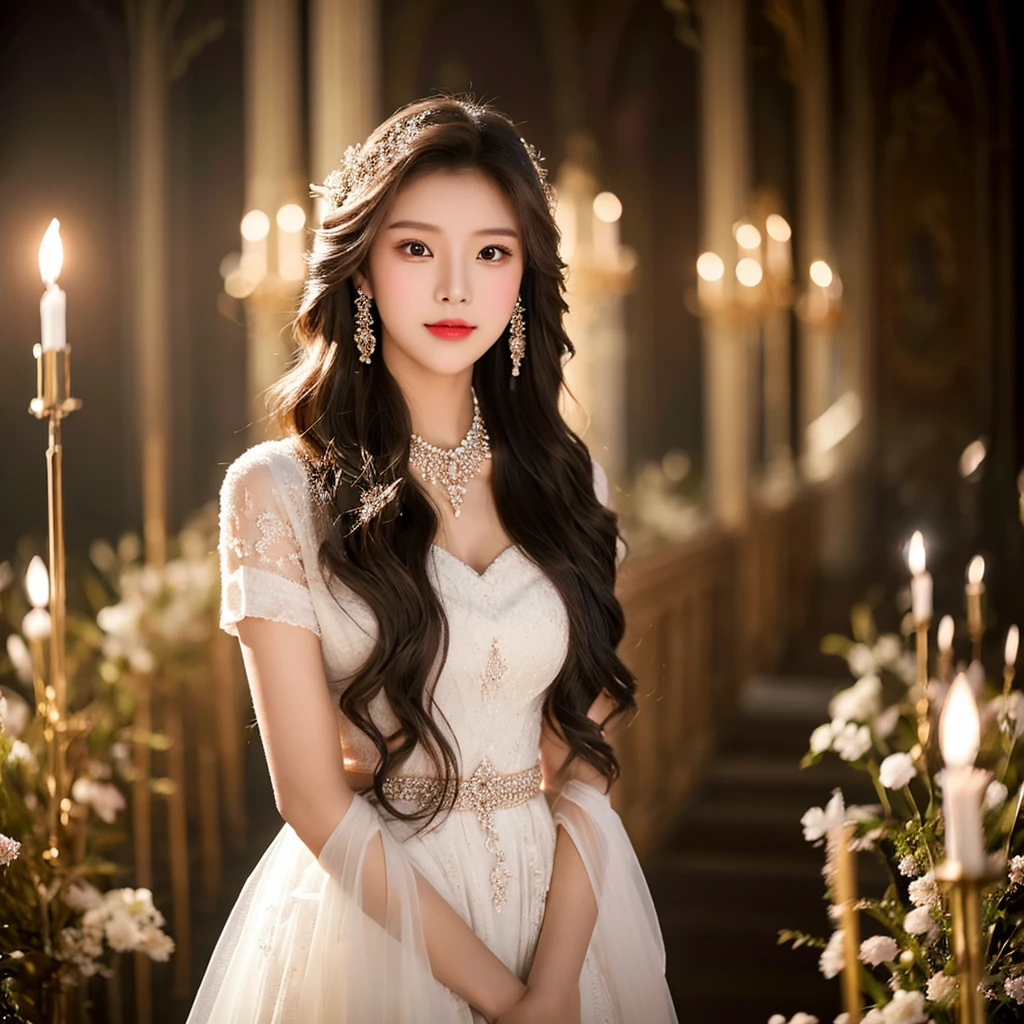 Generate an image of an extraordinarily beautiful 20-year-old Asian woman standing alone, whose beauty rivals that of a goddess of the fire element. She has large brown eyes, dark brown hair, glowing skin, and a captivating appearance. She is wearing a stunning white wedding dress that accentuates her elegance. The woman stands charmingly alone, her beauty appearing as if blessed by nature, in a very romantic and lovely aisle adorned with flowers and soft lighting, exuding a magical and serene atmosphere.