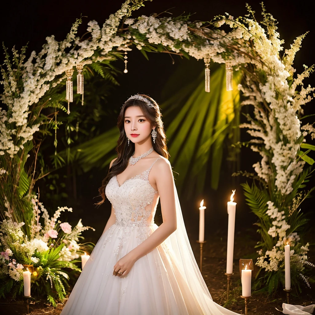 Generate an image of an extraordinarily beautiful 20-year-old Asian woman standing alone, whose beauty rivals that of a goddess of the fire element. She has large brown eyes, dark brown hair, glowing skin, and a captivating appearance. She is wearing a stunning white wedding dress that accentuates her elegance. The woman stands charmingly alone, her beauty appearing as if blessed by nature, in a very romantic and lovely aisle adorned with flowers and soft lighting, exuding a magical and serene atmosphere.