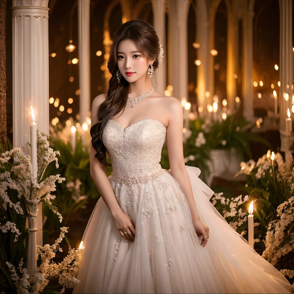 Generate an image of an extraordinarily beautiful 20-year-old Asian woman standing alone, whose beauty rivals that of a goddess of the fire element. She has large brown eyes, dark brown hair, glowing skin, and a captivating appearance. She is wearing a stunning white wedding dress that accentuates her elegance. The woman stands charmingly alone, her beauty appearing as if blessed by nature, in a very romantic and lovely aisle adorned with flowers and soft lighting, exuding a magical and serene atmosphere.