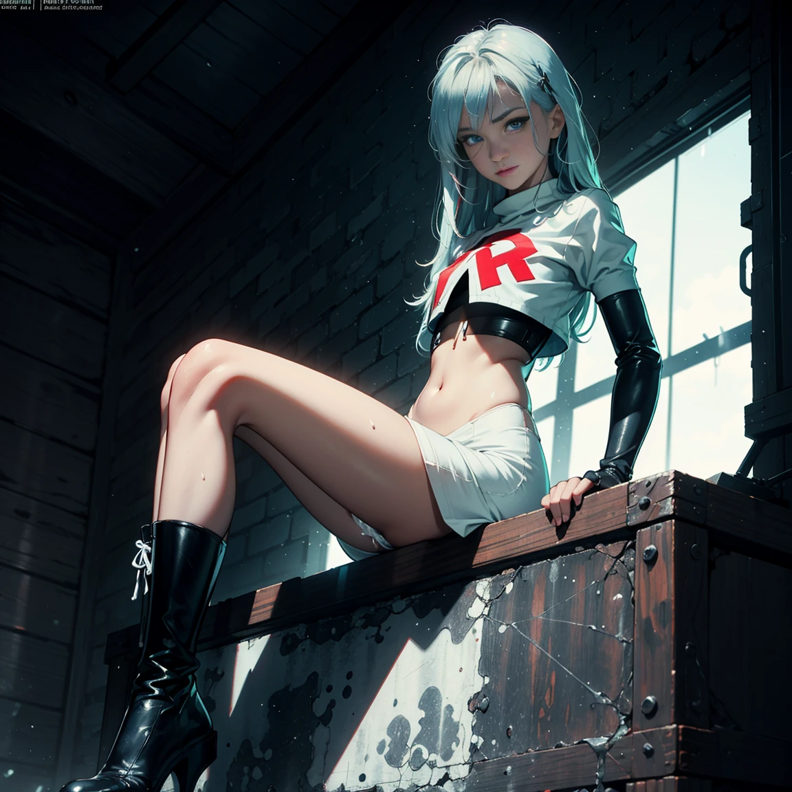 1girl, (solo), very long straight hair, light blue hair, flat chest, small size, blue eyes, fair skin, glossy lips ,team rocket uniform, red letter R, white skirt, white crop top, black thigh-high boots, black elbow gloves, perverted smile, red cheeks, looking down on viewer, sitting down, legs crossed, naked sex, sex view, lots of cum on sex, full body, (days), sun, forest, (very sexy body, detailed face, masterpiece, highly detailed, 8k, best quality, vibrant colors, digital art, concept art)