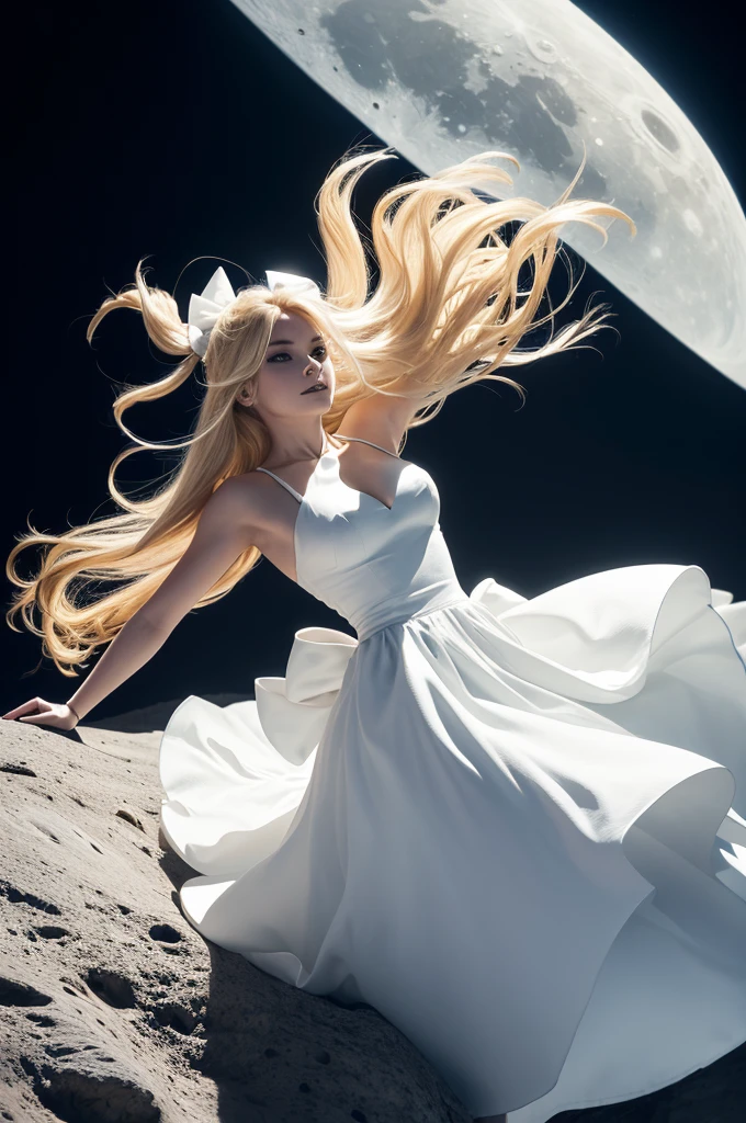 Photo of a somewhat humanoid female lizard with large, blonde hair floating through the air and wearing a white dress with a black bow on the front, on a moon