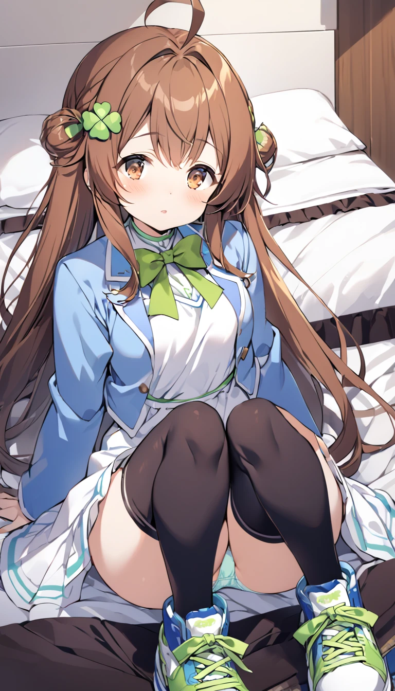 brown eyes,long hair,clover hair ornament,ahoge,blue jacket,white dress, long sleeves,green bow, black thighhighs,sneakers,amamiya mimori, on bed, panties, knees up,