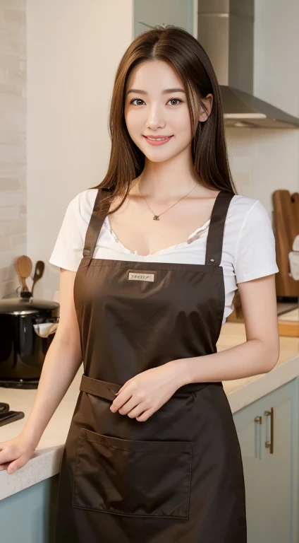 (Highest quality, 8K, masterpiece: 1.3), Beautiful woman with perfect figure: 1.4, Dark brown hair, Wearing a pendant, Wearing an apron, In the kitchen, Highly detailed face and skin, Fine grain, double eyelid, Big Breasts, smile