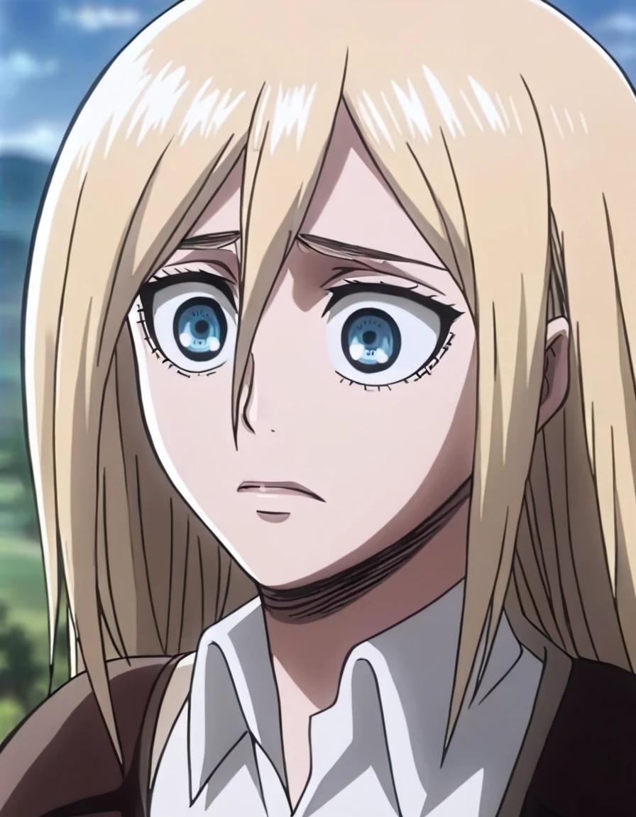 score_9, score_8_up, score_7_up,1girl,source_anime,historiaReiss ,blonde hair,long hair,blue eyes,detailed face,masterpiece,best quality,outdoors,christa renz, terrified face