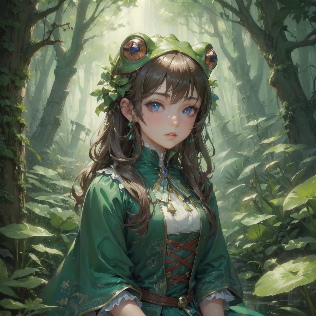  masterpiece, (textured skin), best quality, gorgeous beautiful girl, (a female 
frog),,detailed clothes,large breasts,narrow waist,, (beautiful face), cinematic lighting, (fantasy anime art ),