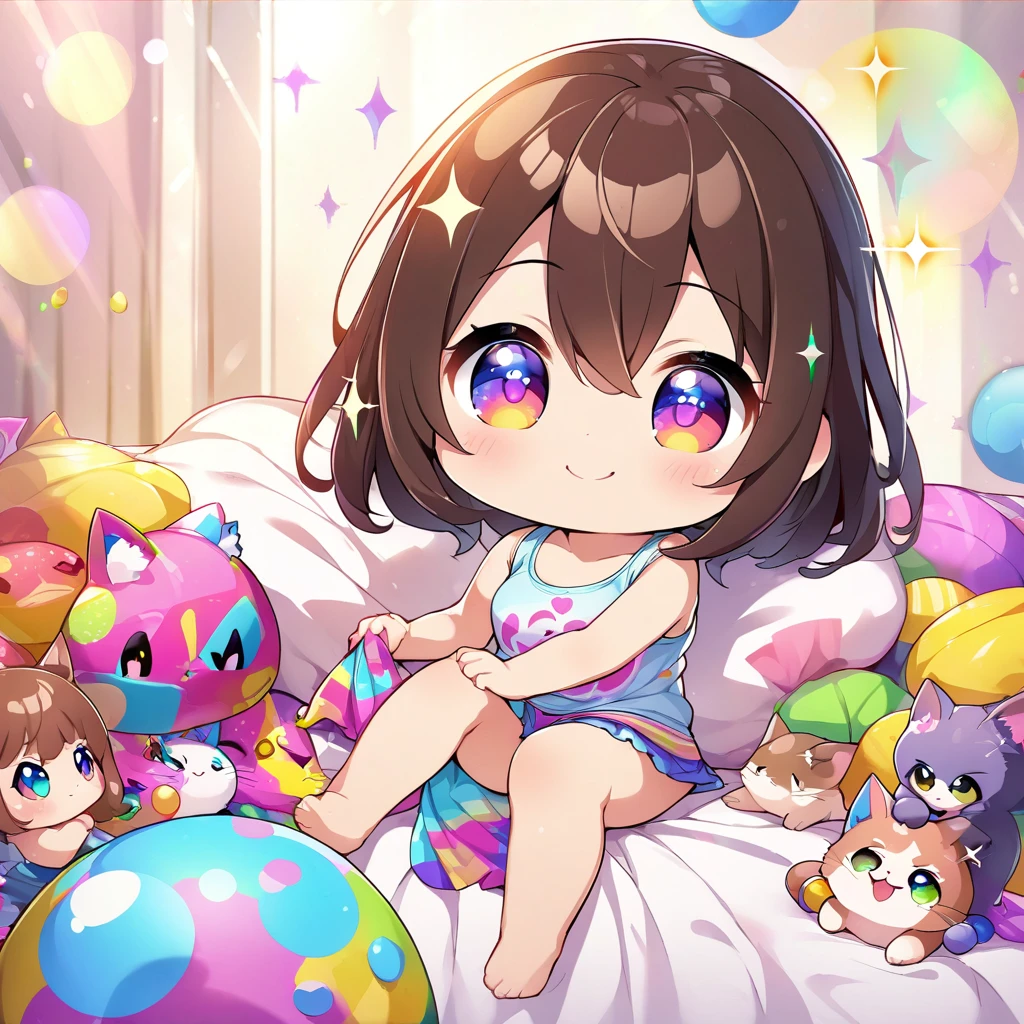 masterpiece, best quality, 4k、2D illustration、one beautiful girl、solo、(((chibi style)))、((vivid colors))、cute chibi、lovely chibi、long beautiful hair, glossy dark brown hair, hair between eyes, cute、beautifully detailed eyes、((tank top))、((miniskirt))、((colorful))、((happy smile))、sitting on bed、((full body shot))、((kitten)), ((lots of colorful stuff around))、((bed))、sparkle、((lens flare))、