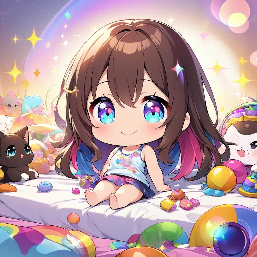 masterpiece, best quality, 4k、2D illustration、one beautiful girl、solo、(((chibi style)))、((vivid colors))、cute chibi、lovely chibi、long beautiful hair, glossy dark brown hair, hair between eyes, cute、beautifully detailed eyes、((tank top))、((miniskirt))、((colorful))、((happy smile))、sitting on bed、((full body shot))、((kitten)), ((lots of colorful stuff around))、((bed))、sparkle、((lens flare))、