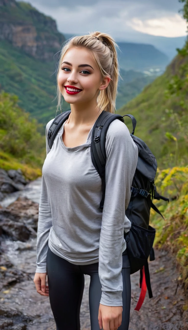ultrarealistic high quality fullbody photo of a beautiful busty slim european 19-year-old mwoman with cute hyperdetailed shy face and dyed platin blonde long messy ponytail hair and happy face, realistic round hazel eyes, red lips, dark eye makeup with eyeliner, wearing soaking wet outdoor leggins hiking outfit with backpack, hourglass body, outdoor shooting on a gorge with heavy rain