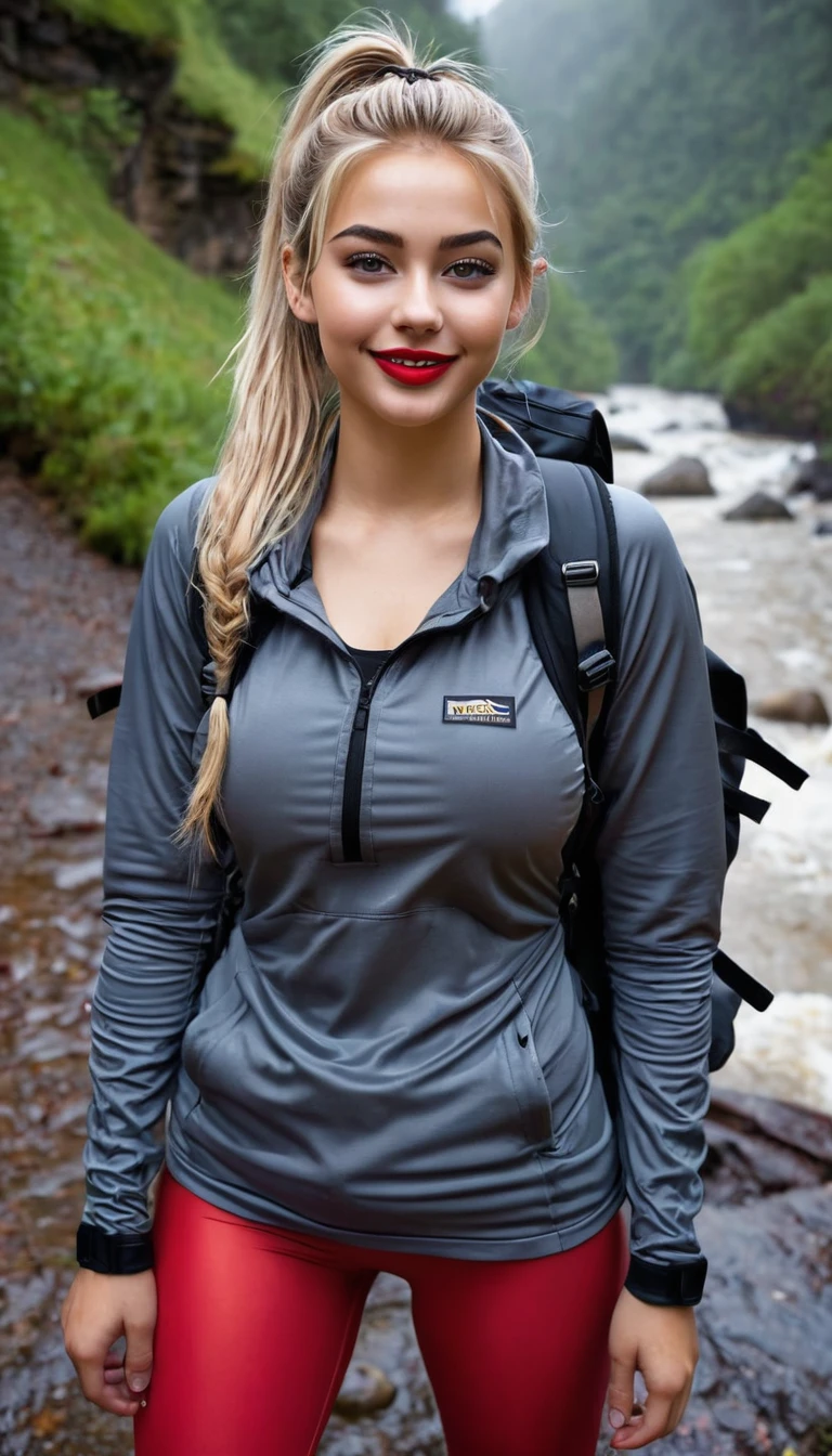 ultrarealistic high quality fullbody photo of a beautiful busty slim european 19-year-old mwoman with cute hyperdetailed shy face and dyed platin blonde long messy ponytail hair and happy face, realistic round hazel eyes, red lips, dark eye makeup with eyeliner, wearing soaking wet outdoor leggins hiking outfit with backpack, hourglass body, outdoor shooting on a gorge with heavy rain