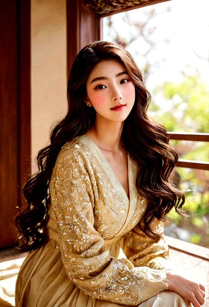 masterpiece:1.2, Stunning, detailed portrait of a young woman in her 20s with long, flowing hair., fascinating gaze, 그리고 soft, subtle smile, Encourage viewers to admire her beauty. The work shows her in a full body pose.., Highlights her elegant look. Images are of the highest quality, With ultra-realistic details and vibrant colors, Create a visual feast for the eyes. A picture that gives you a feeling of warmth and tranquility, soft, Natural light enhances every delicate feature of your subject.