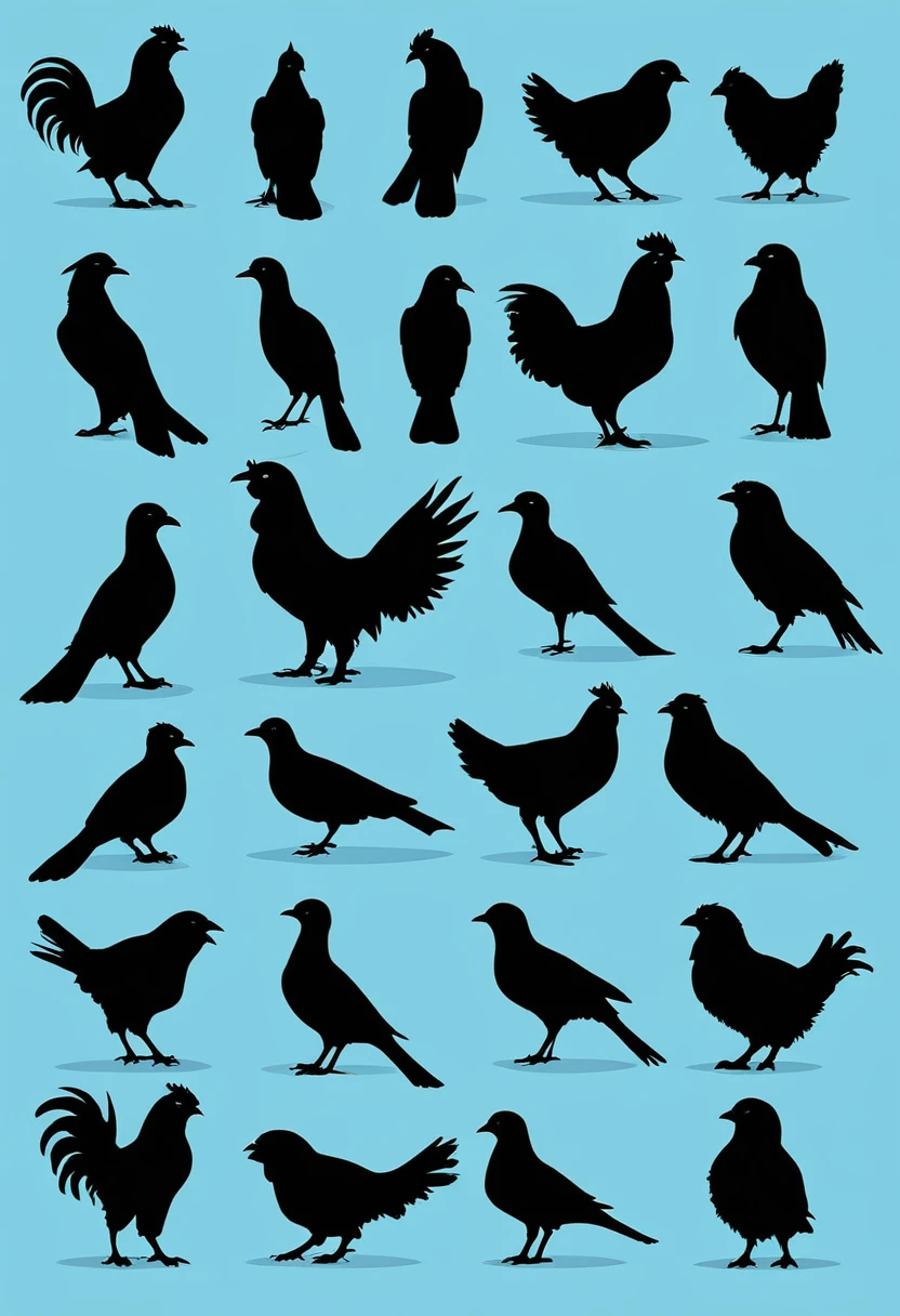 Chicken silhouettes in several flat design poses