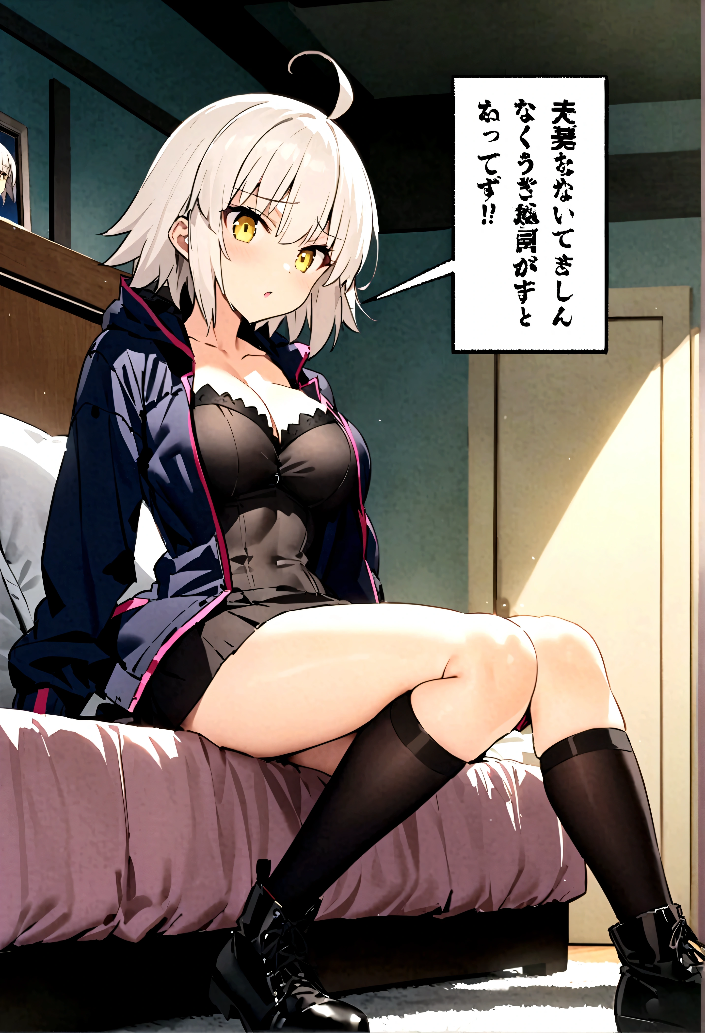 score_9,score_8_up,score_7_up,score_6_up,score_5_up,score_4_up BREAK source_anime,rating_questionable,2koma,1girl,solo,jeanne d'arc alter \(fate\),white hair,short hair,yellow eyes,large breasts,takeuchi takashi,cinematic lightning,ahoge,short dress,jacket,open jacket,kneehighs,black boots,indoors,bedroom,